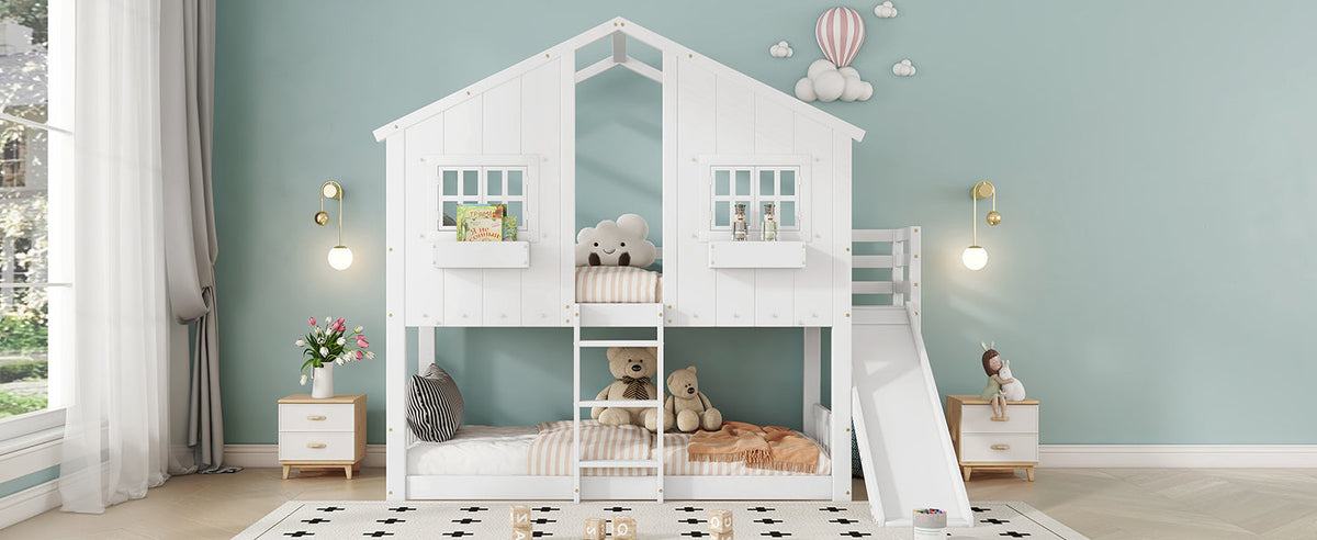Bunk Bed with Slide, Roof & Window, Safety Gate, 3-Step Ladder, Pine + MDF, White, 90x200cm