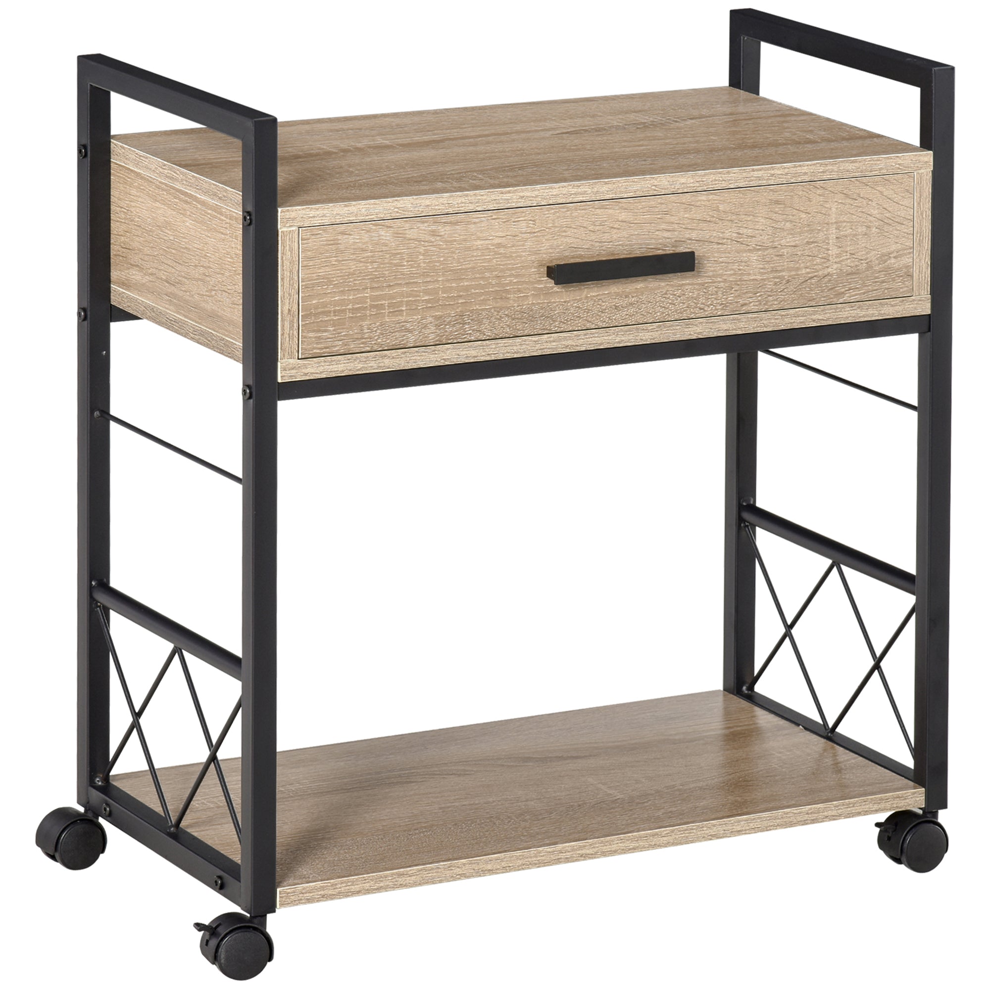 Side Table Serving Cart with Wheels, Drawer Storage, Natural Wood