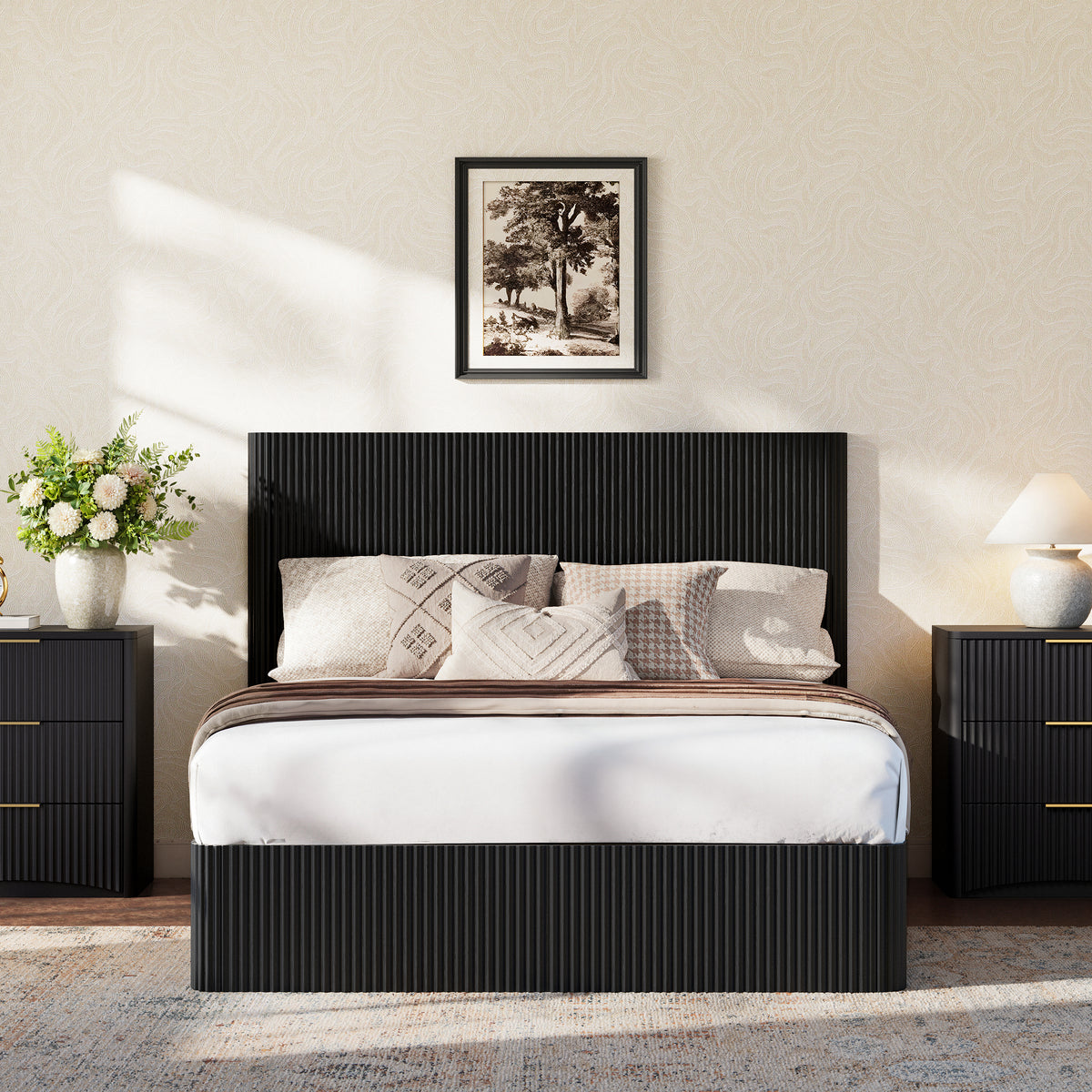 Modern Bed with Hydraulic Lift & Storage, 140x200 cm - Black