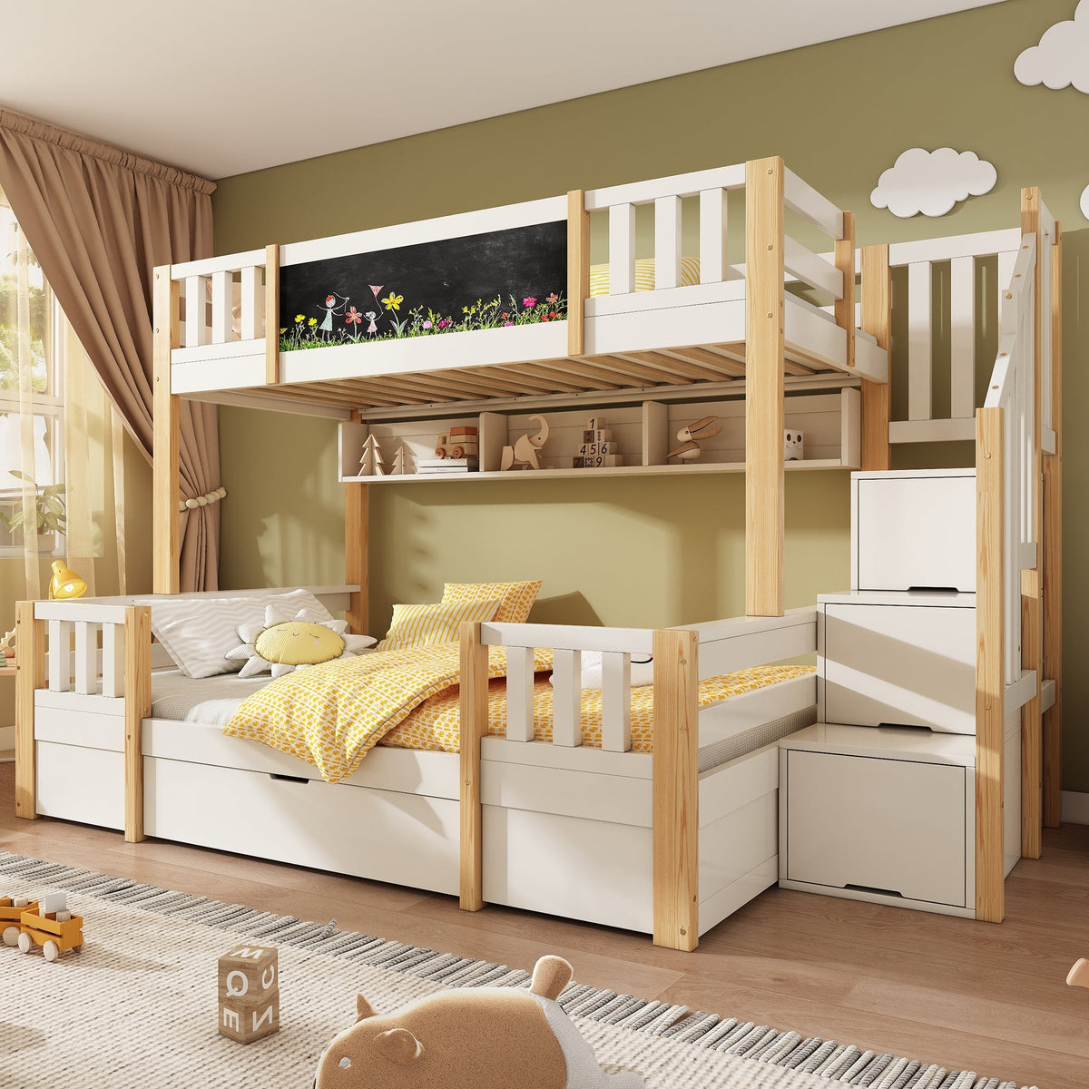 Bunk Bed for 3 Children with Storage Stairs and Chalkboard, White Natural Solid Wood