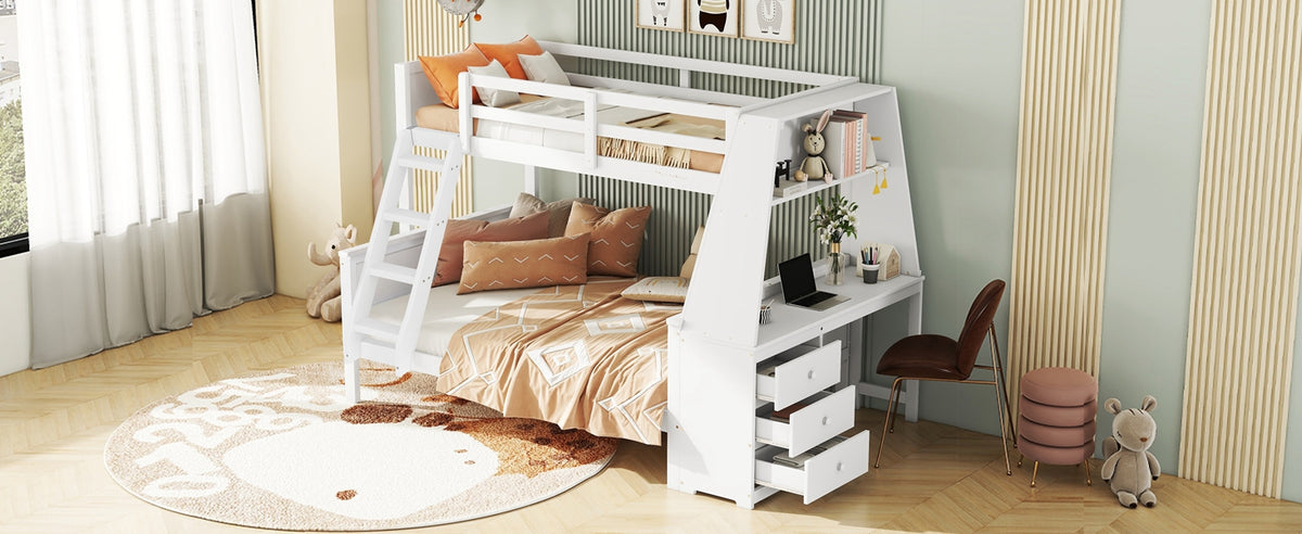 Bunk Bed with Table & Storage, 90x200/140x200 cm, White