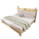 Double Wooden Bed, 160x200cm, Headboard Storage, LED, Light Oak