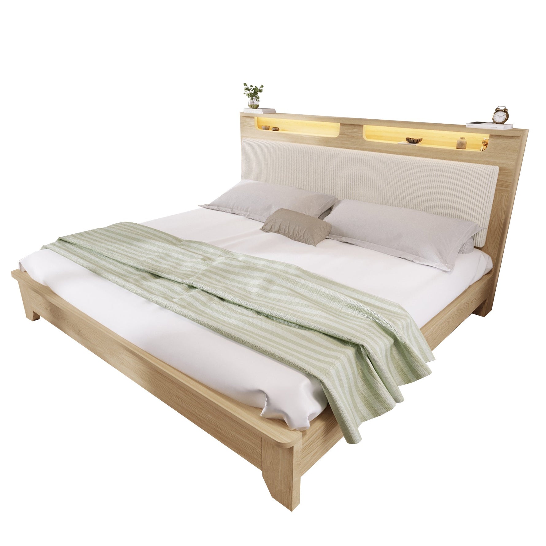 Double Wooden Bed, 160x200cm, Headboard Storage, LED, Light Oak