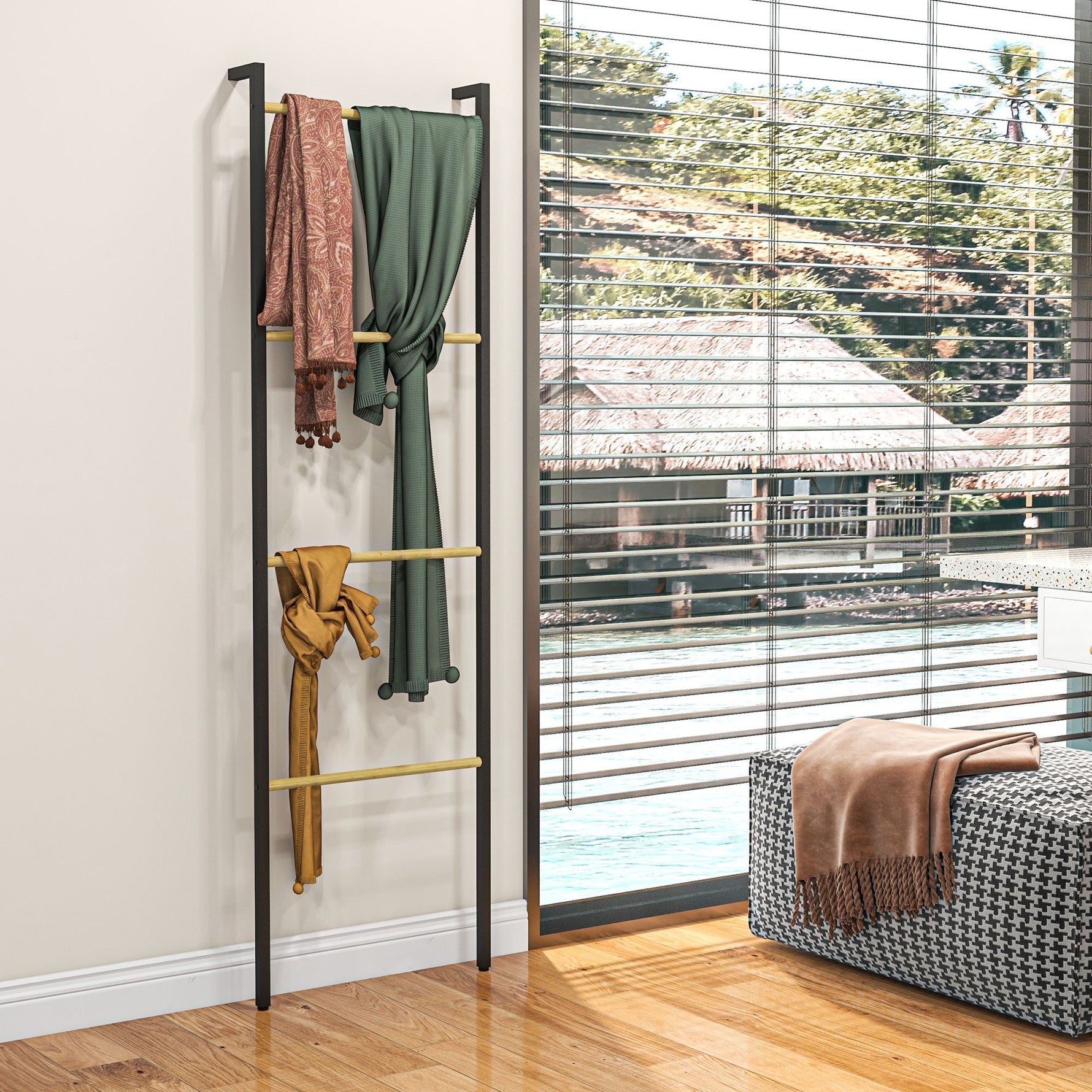Towel Ladder, 4 Bars, Space Saving, Steel Black