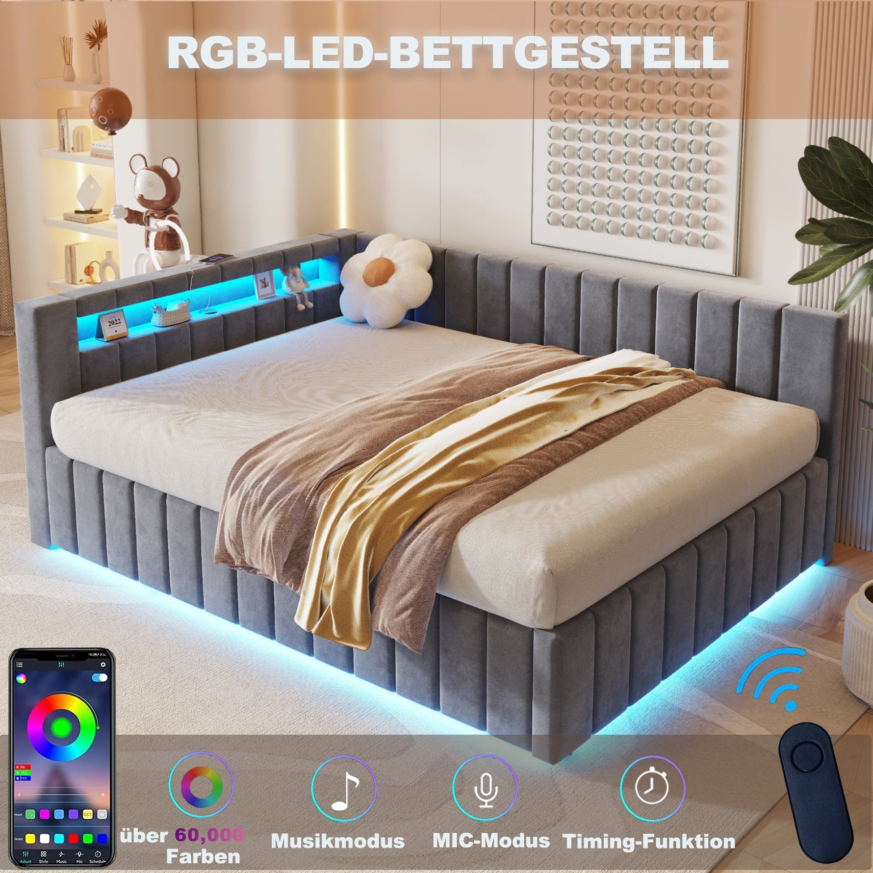 Upholstered Bed/Sofa Bed 140x200 Hydraulic Storage LED/USB Velvet Grey