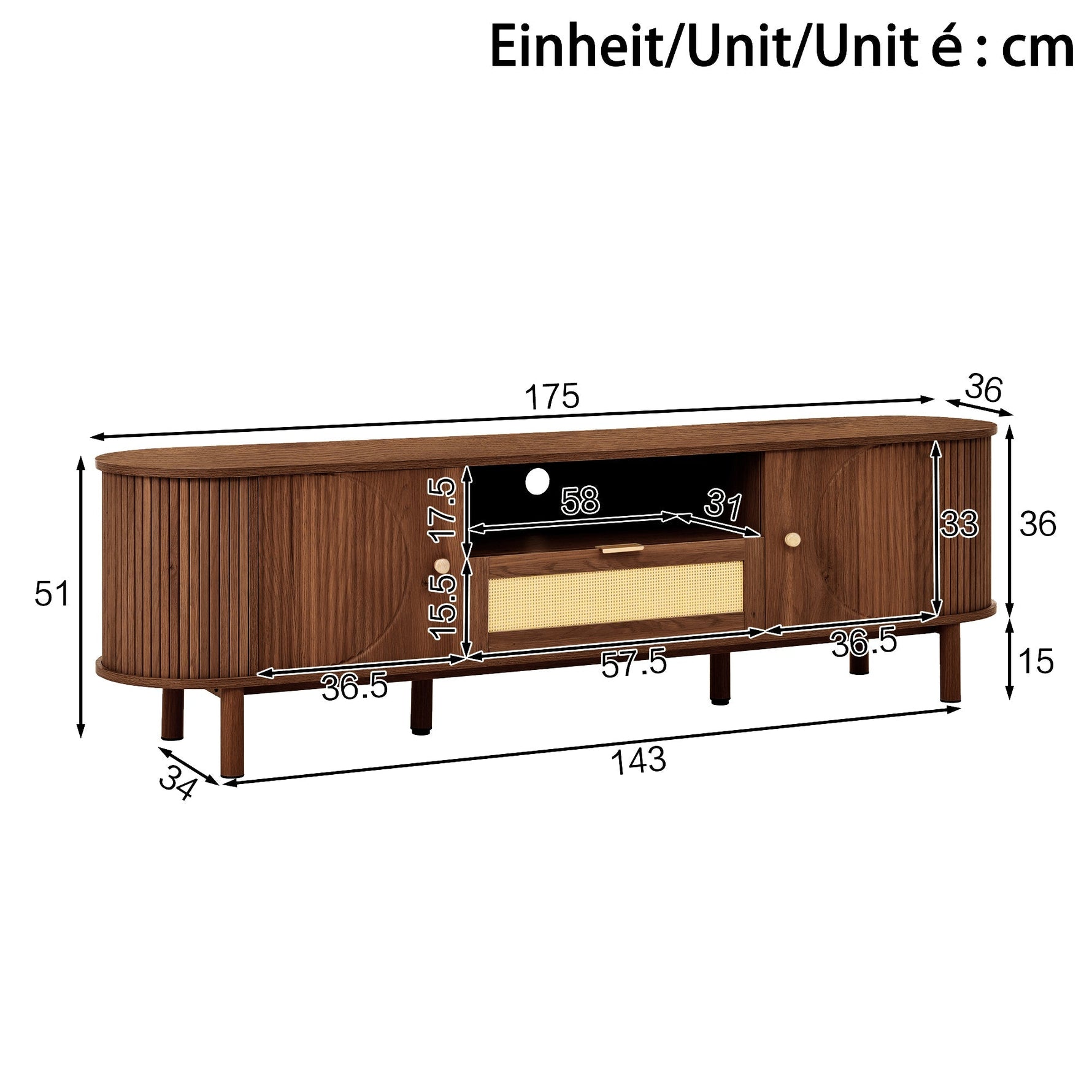 Modern TV Cabinet Rattan Drawers Open Shelves Rounded Top Wood Look Metal Legs