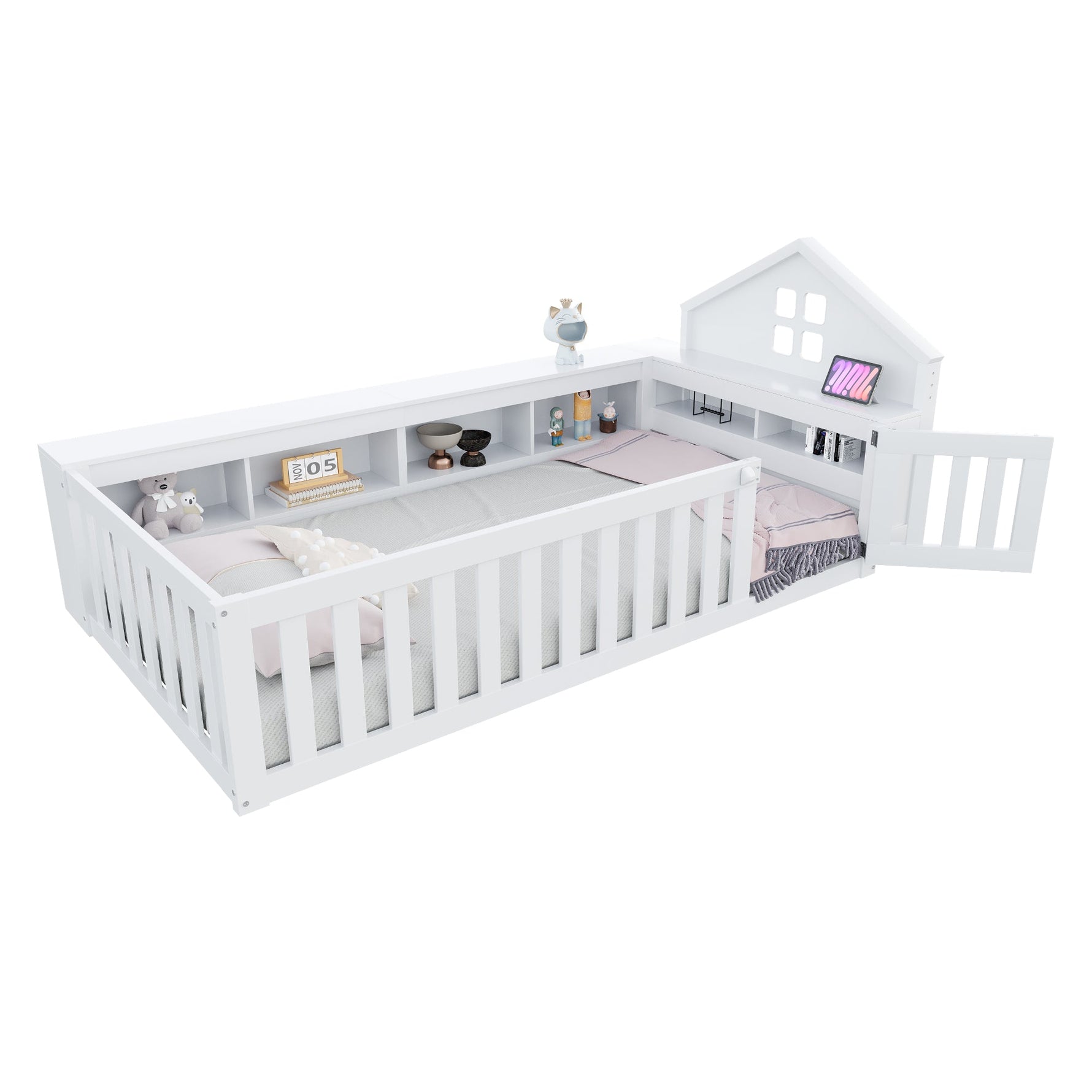 Children's Bed 90x200cm, Roof/Window, Storage, Safety Rail/Door, Solid Wood, White