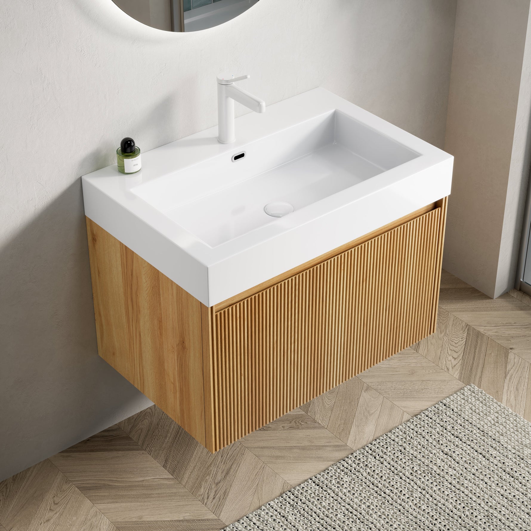 Wall-Mounted Bathroom Vanity Unit with Integrated Basin and Single Drawer, Natural Wood Grain Plywood