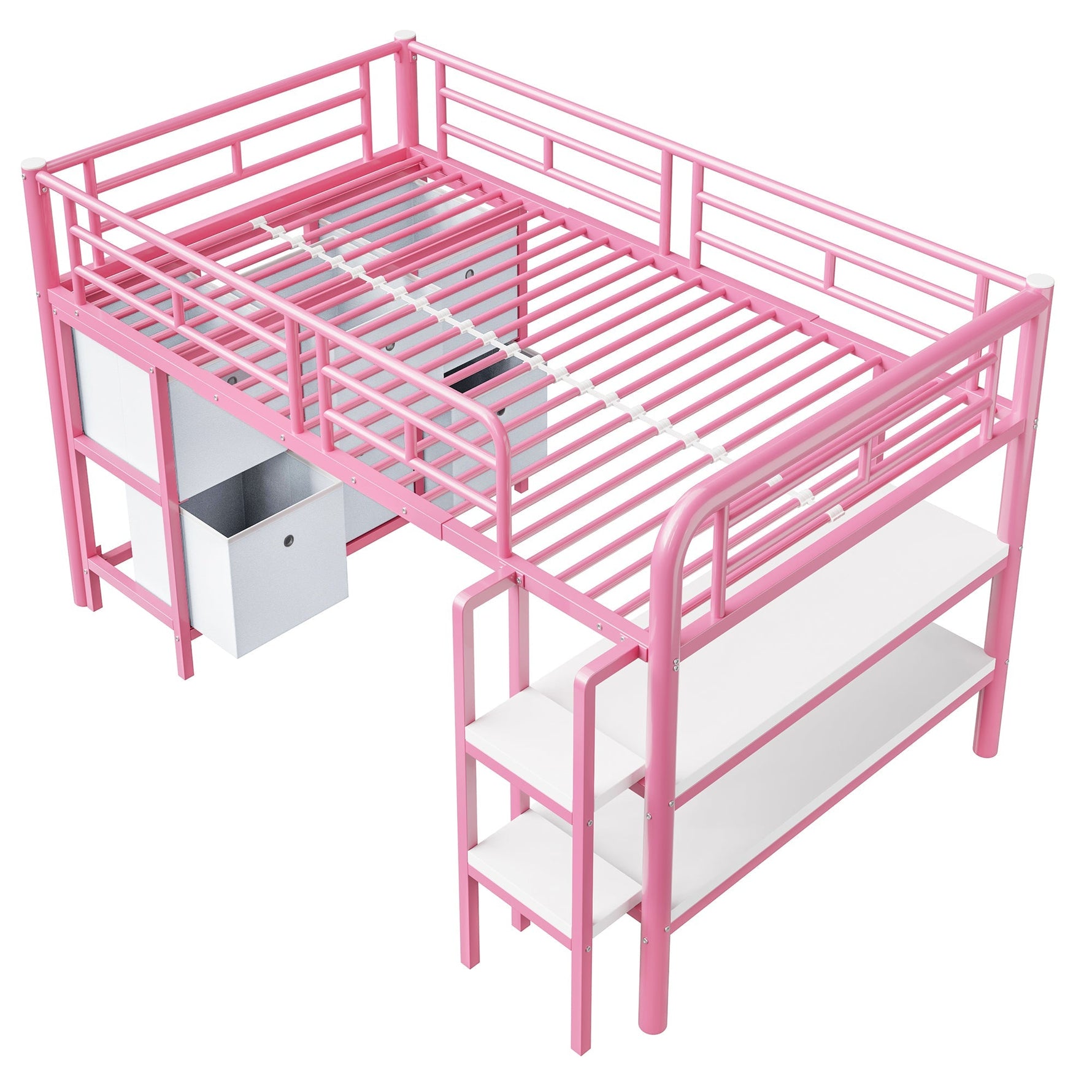 Children's Loft Bed with Metal Frame, Storage Drawers and Shelves, Pink