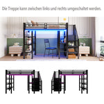 Loft Bed 90x200 LED Light Socket Storage Bookshelf - Black