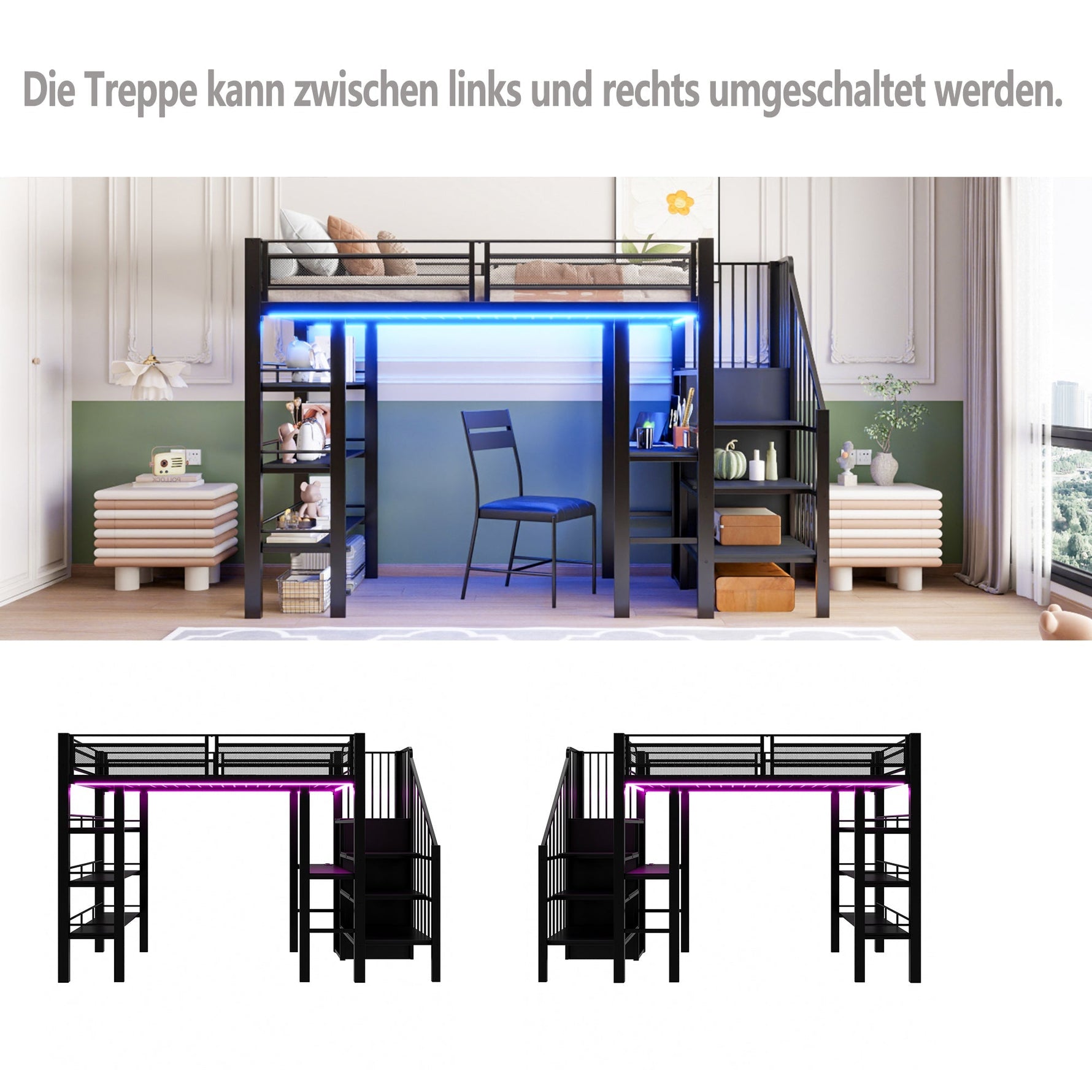 Loft Bed 90x200 LED Light Socket Storage Bookshelf - Black