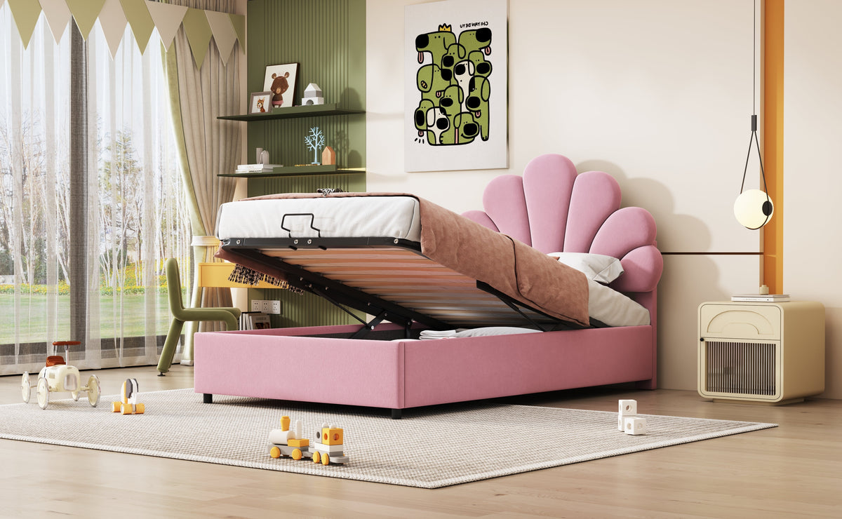 Upholstered Children's Bed 90 x 200 cm, Floral Headboard, Hydraulic Storage, Pink Velvet