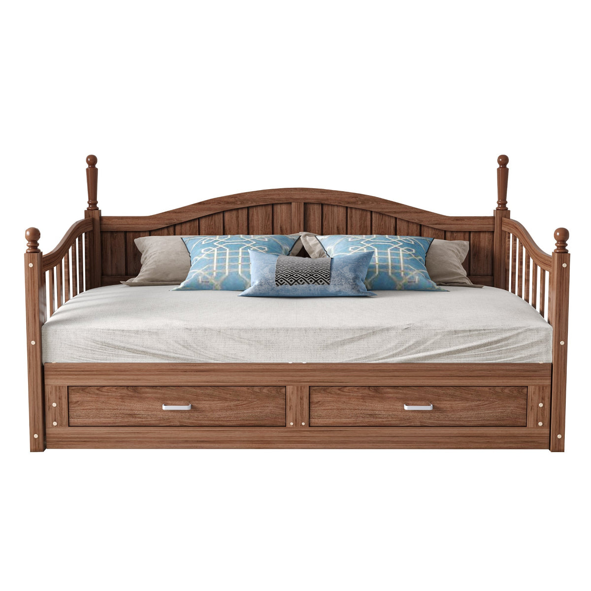 Sofa Bed, Pull-Out 90/180*190cm with Drawers & Slatted Frame, Solid Pinewood Walnut