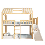 Children's Bunk Bed with Gable Roof, Shelf and 35cm Slide, 90x200cm, White and Natural Wood