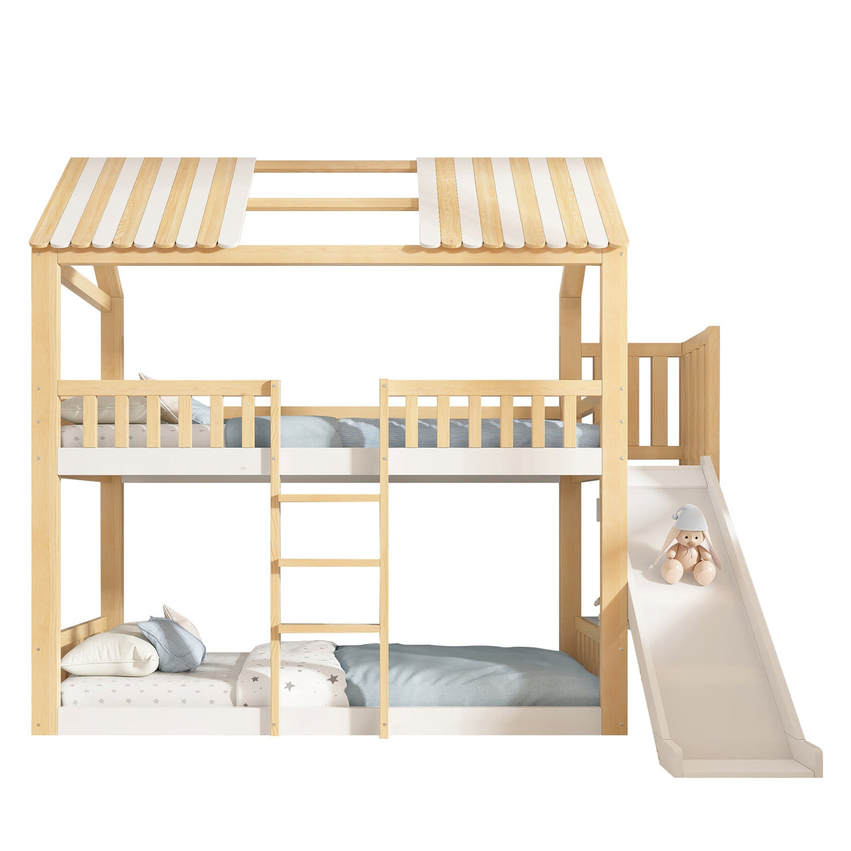 Children's Bunk Bed with Gable Roof, Shelf and 35cm Slide, 90x200cm, White and Natural Wood