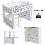 Loft Bed 140x200cm LED Lights Wardrobe Desk Drawers Storage - White