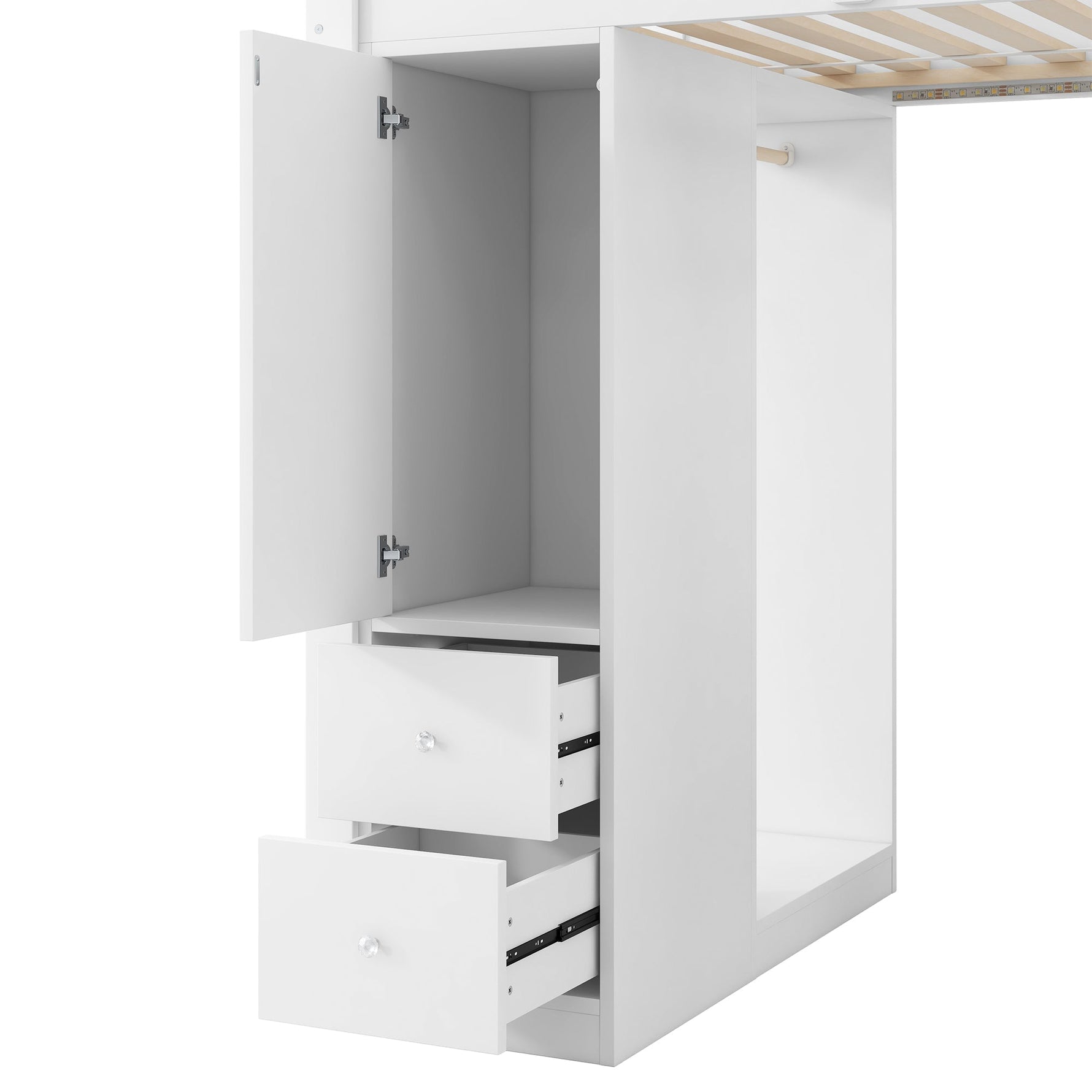 Loft Bed with Desk, Wardrobe, 4 Drawers, LED and USB, 90x200cm, White