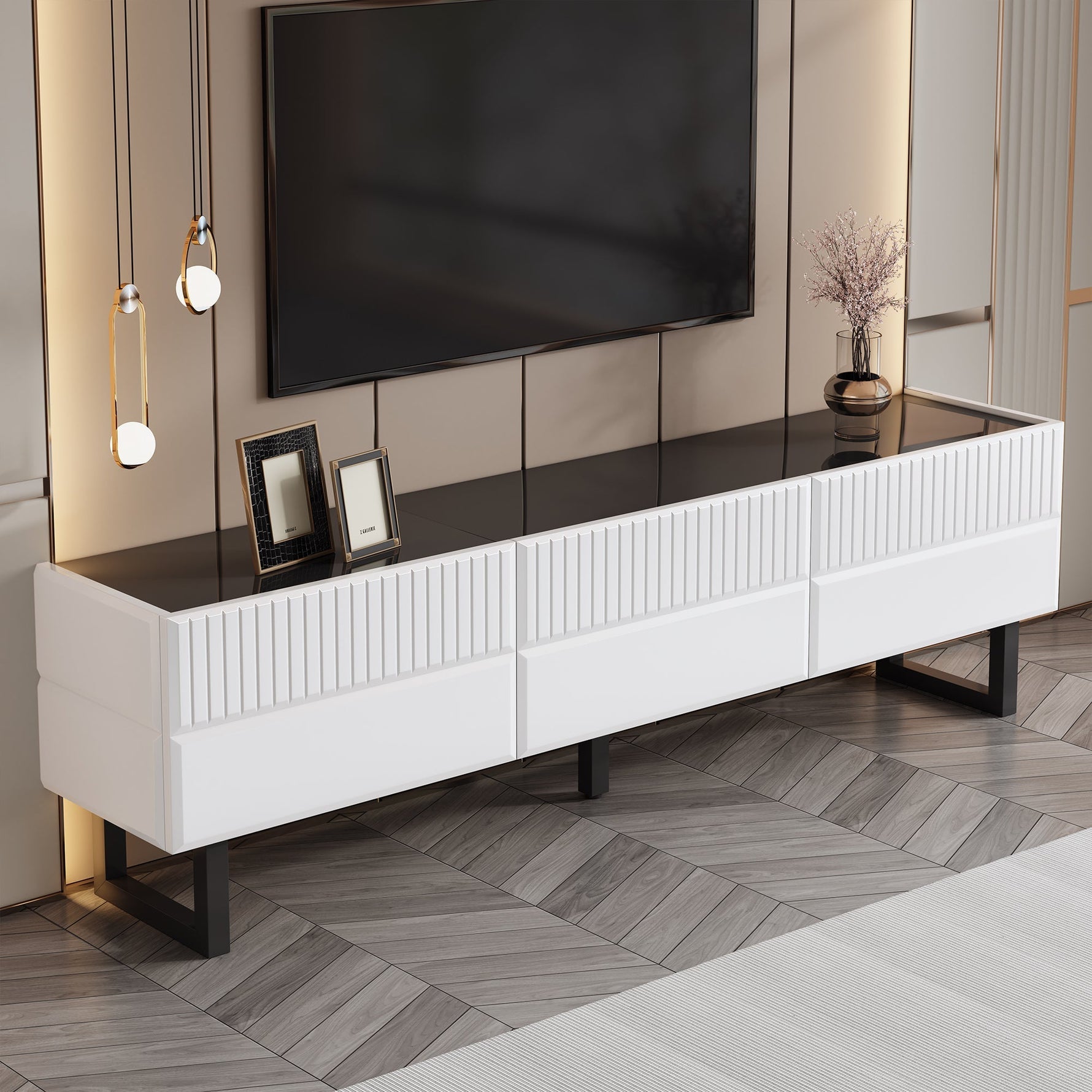 TV Stand Low Unit with Three Drawers 170cm Black and White