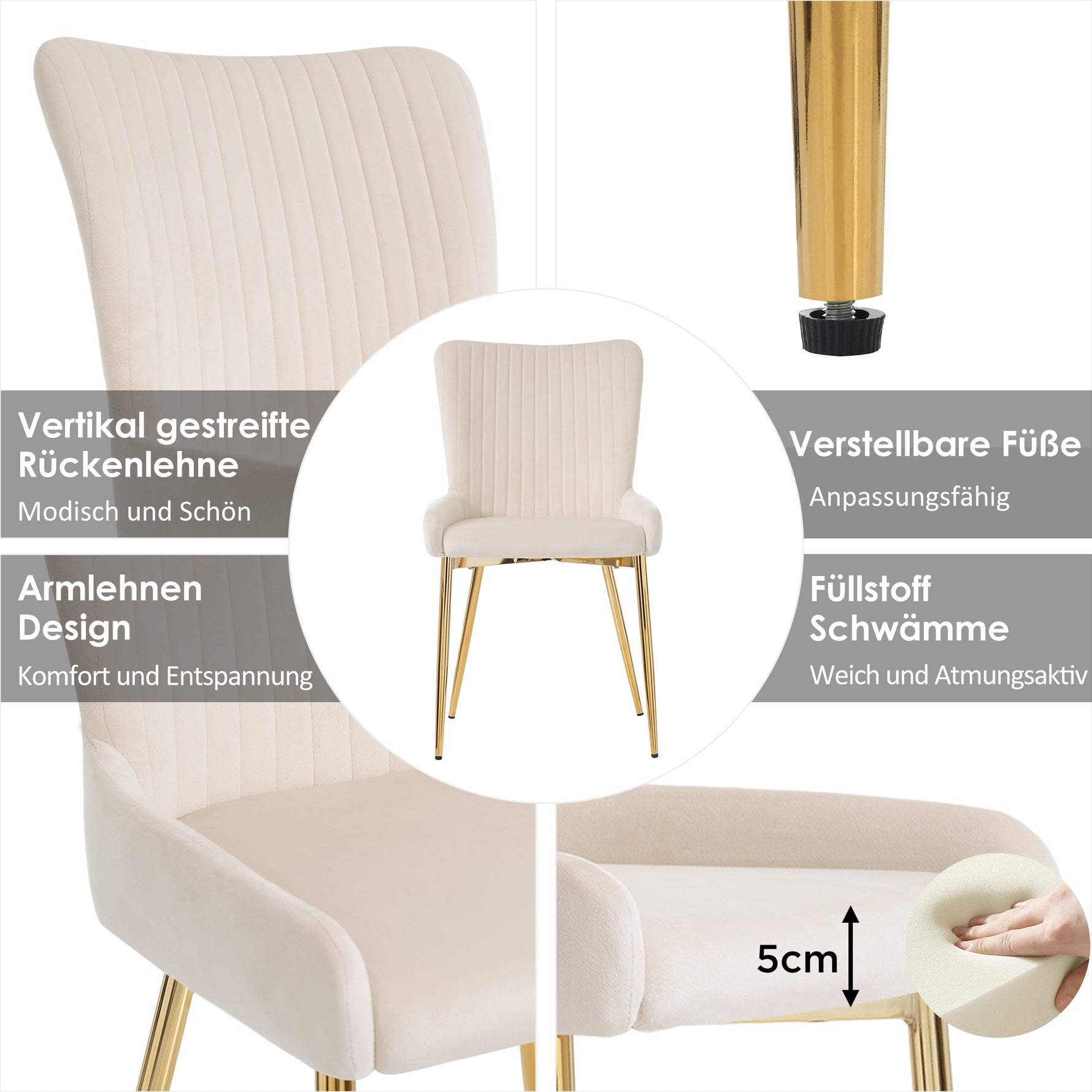 Velvet Dining Chair Set of 2 Gold Metal Legs Lumbar Support - Beige
