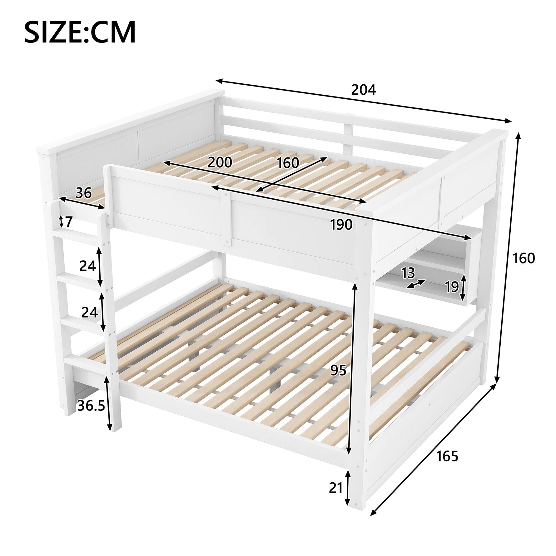 Bunk Bed with Storage Cabinets and LED Light, 160x200cm, White