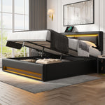 Upholstered Bed with USB Port, LED Lighting and Storage, 140x190cm, Black PU Leather