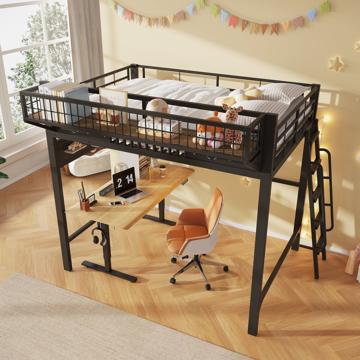 Loft Bed 140x200 cm with Storage Compartments, Black Metal