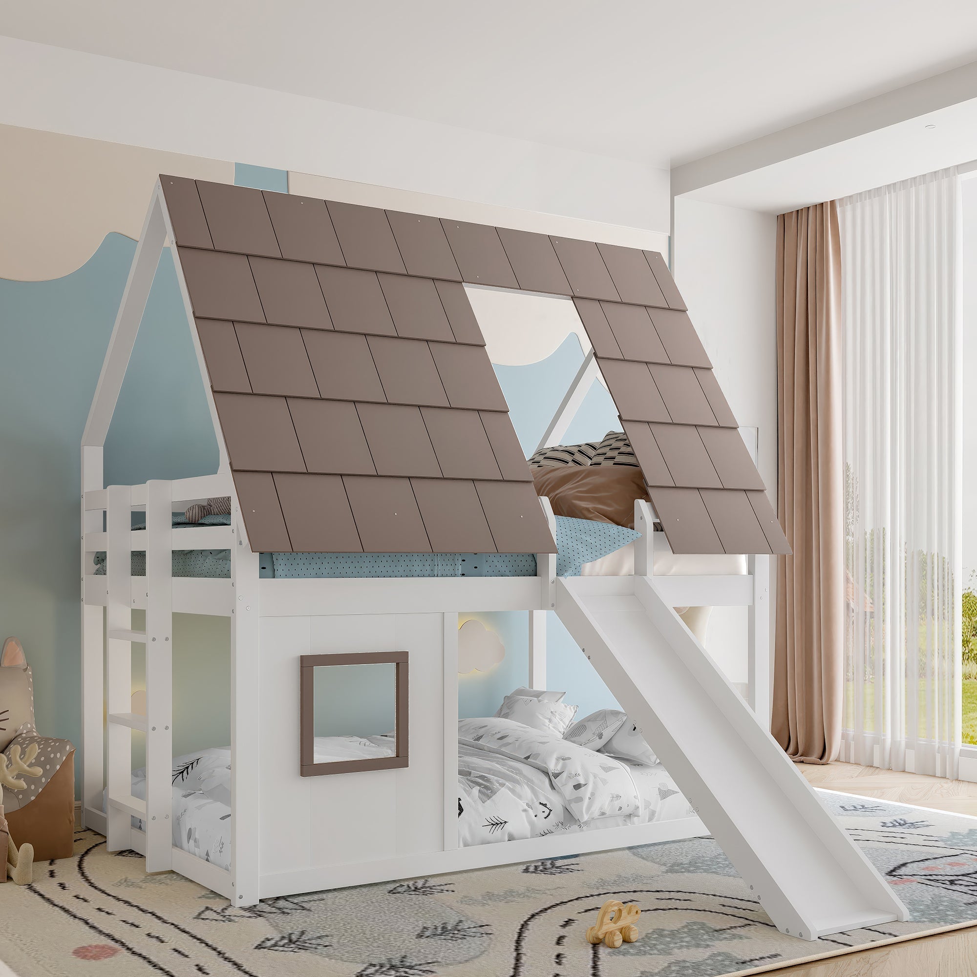 Wooden House Bunk Bed with Roof, Ladder and Slide, 140 x 200, White and Brown