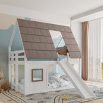 Wooden House Bunk Bed with Roof, Ladder and Slide, 140 x 200, White and Brown