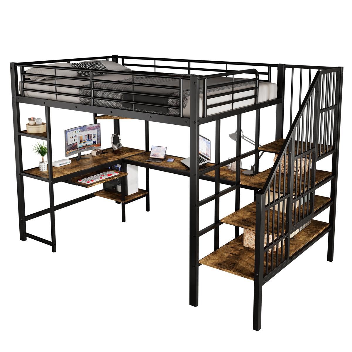 Iron Loft Bed with Desk & Storage, 120x200cm, Black Iron + MDF