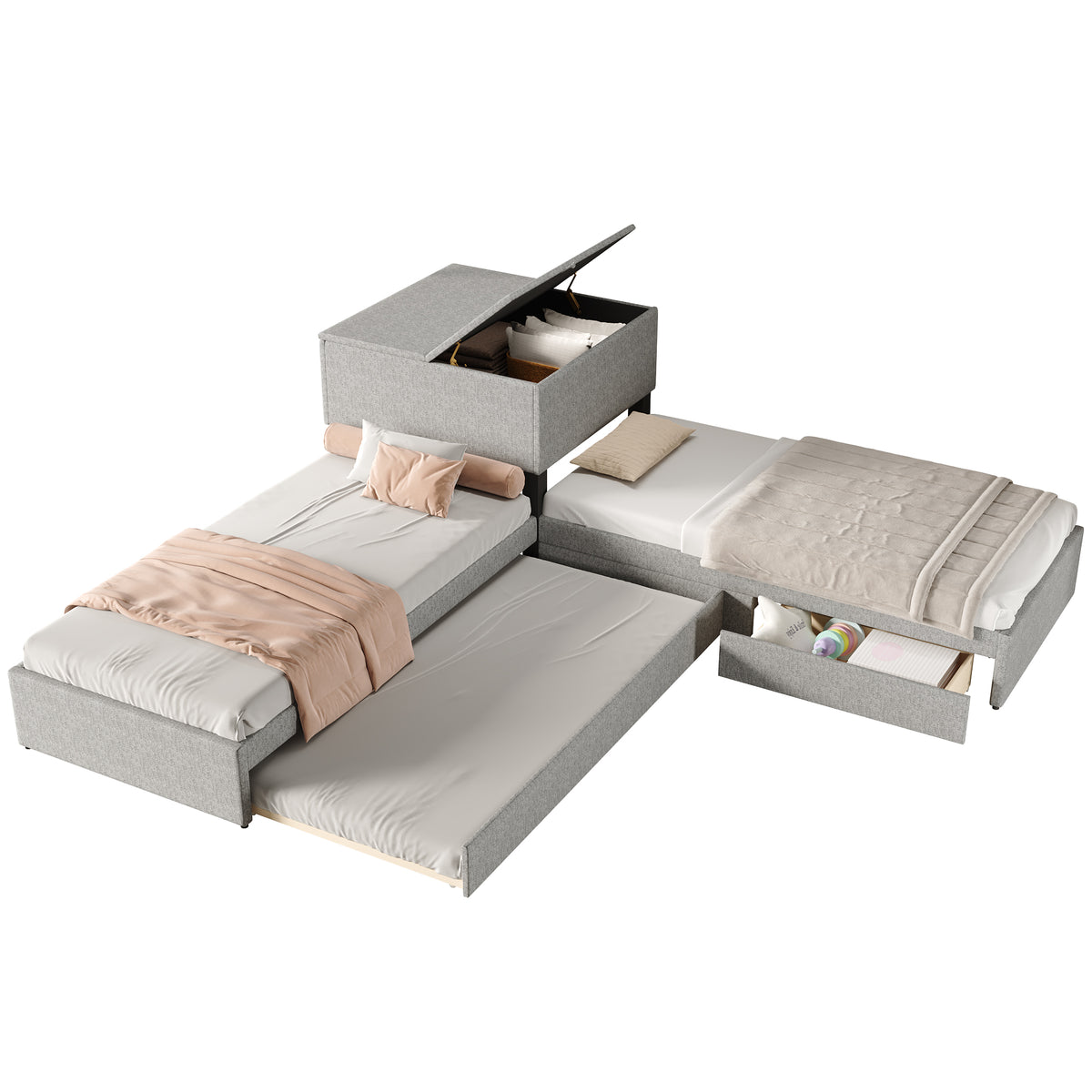 Corner Bed with Trundle & Storage, 90x200 cm, Grey Linen