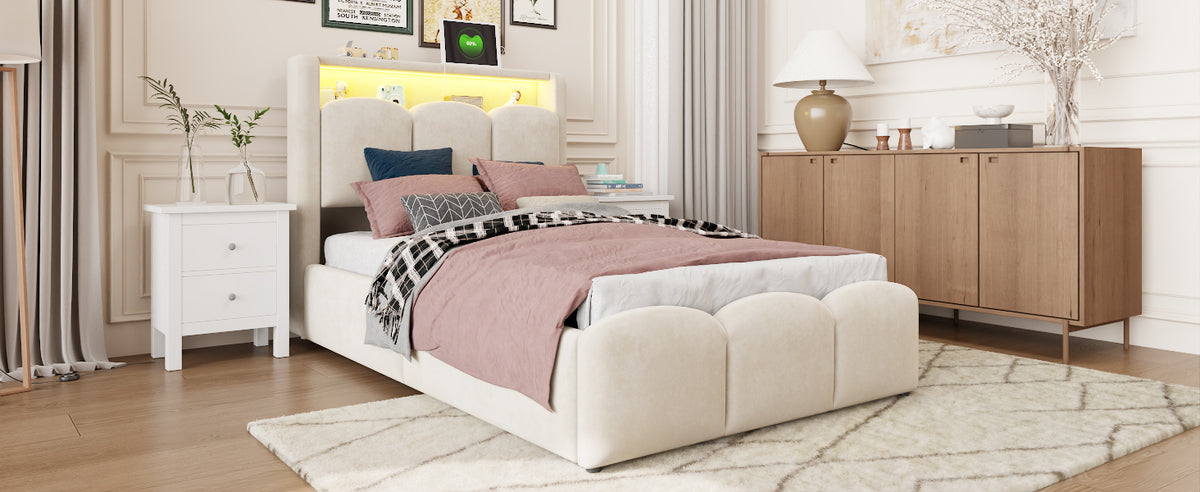 Upholstered Bed 90x200 with Storage & LED, Beige Velvet