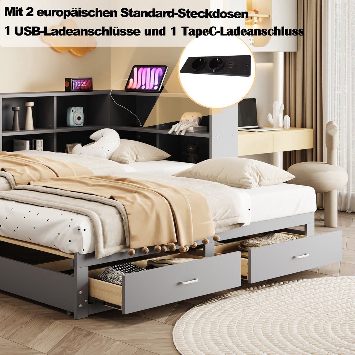 Solid Wood Sofa 90/180x190cm Pull-out Bed Storage Drawers, Grey