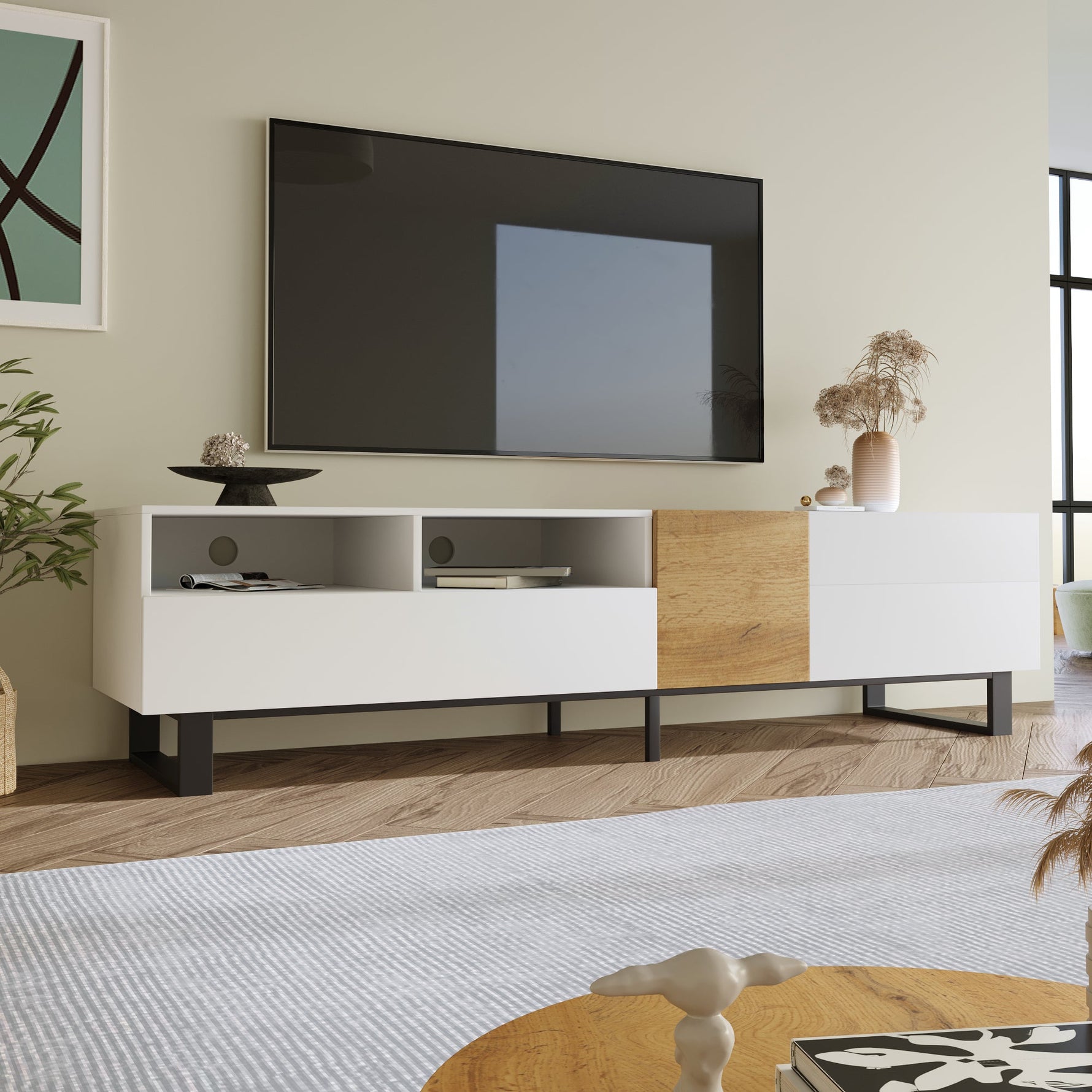 Modern TV Cabinet, Minimalist Design 180x50x38cm, White & Wood Look