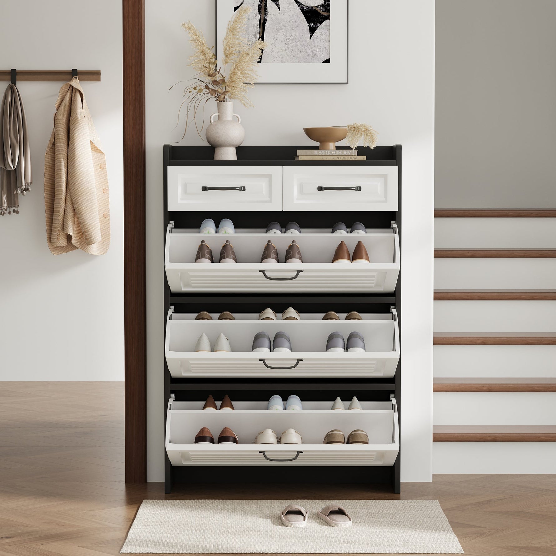 Shoe Cabinet with Rotating Rack 3 Doors 2 Drawers W80cm Wooden
