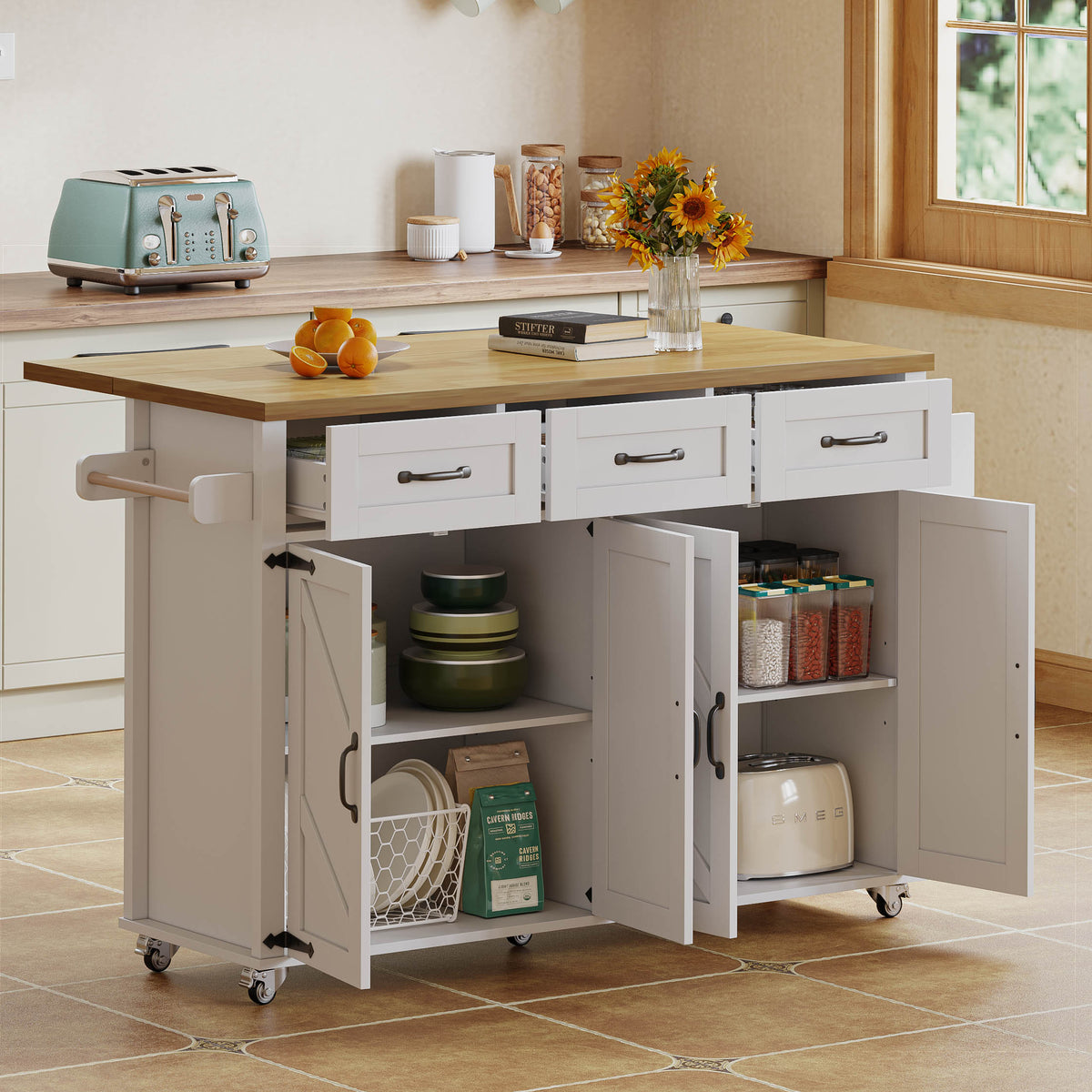 Kitchen Island Fold-down Worktop, 4 Doors 3 Drawers, White