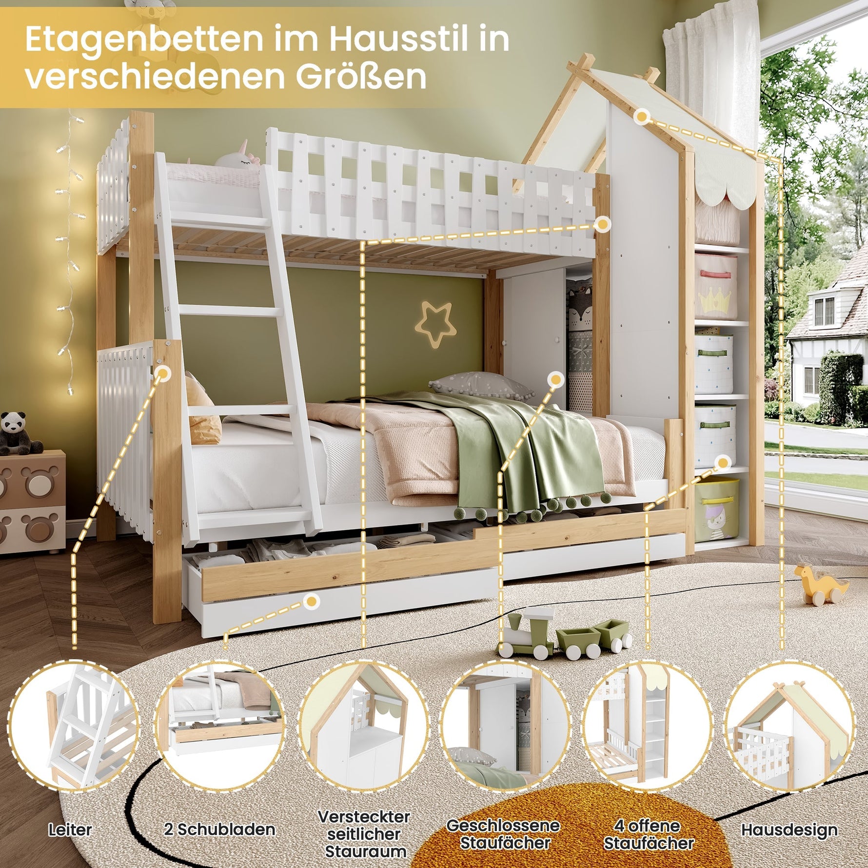 Bunk Bed 90x200cm/140x200cm, House Rail, Ladder, 2 Drawers, White + Natural Wood