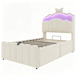 Children's Bed 90x200 Hydraulic Storage & LED, Beige Velvet