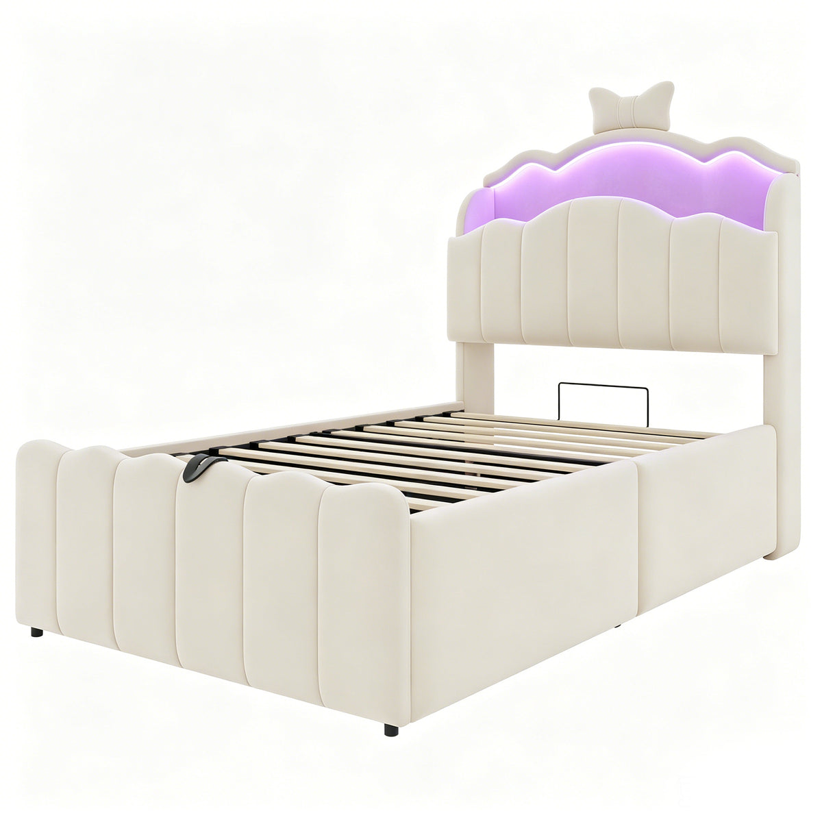 Children's Bed 90x200 Hydraulic Storage & LED, Beige Velvet