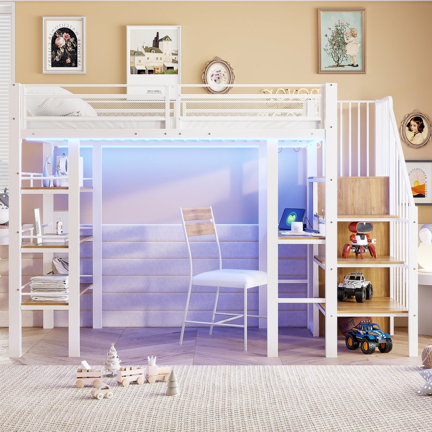Loft Bed with LED Light Strip, Desk and Storage Shelves, White Metal