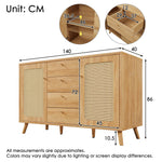Sideboard Rattan Look Storage Cabinet 4 Drawers 2 Doors - Light Oak