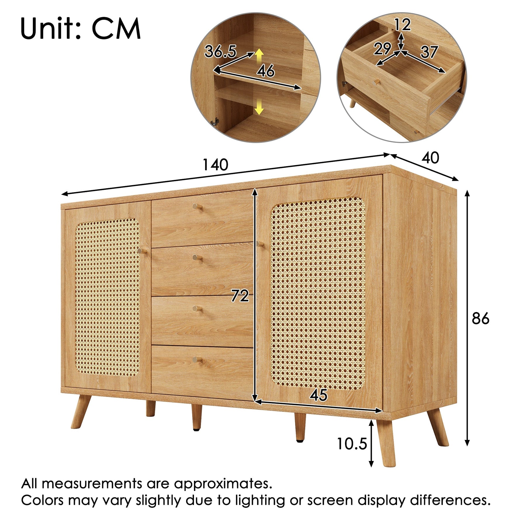 Sideboard Rattan Look Storage Cabinet 4 Drawers 2 Doors - Light Oak