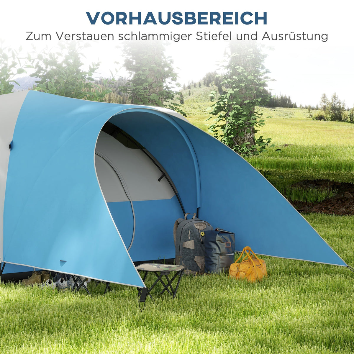 Tunnel Tent, Family Camping, Water-Repellent, 6 Person, Blue
