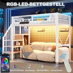 Loft Bed 90x200 cm with Ladder, Storage & LED Light, White Metal