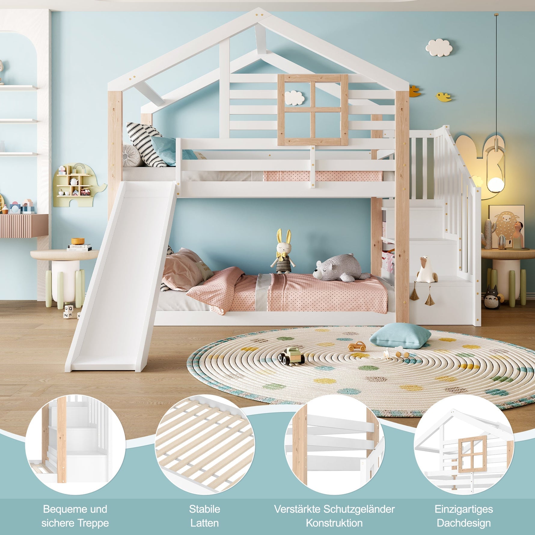 Children's Bunk Bed Slide Stairs Storage Scandinavian Solid Wood