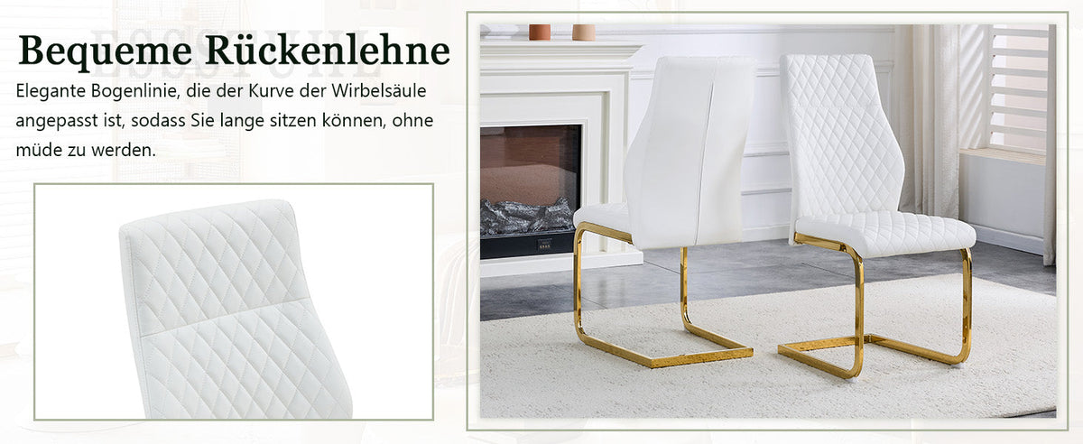Dining Chair Set of 2, High Backrest and Padded Cushion with Diamond Pattern, White and Gold Metal