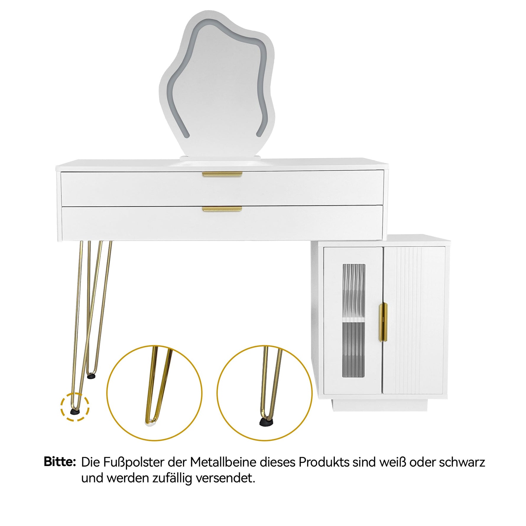 Dressing table with LED-lit mirror, extendable design, white