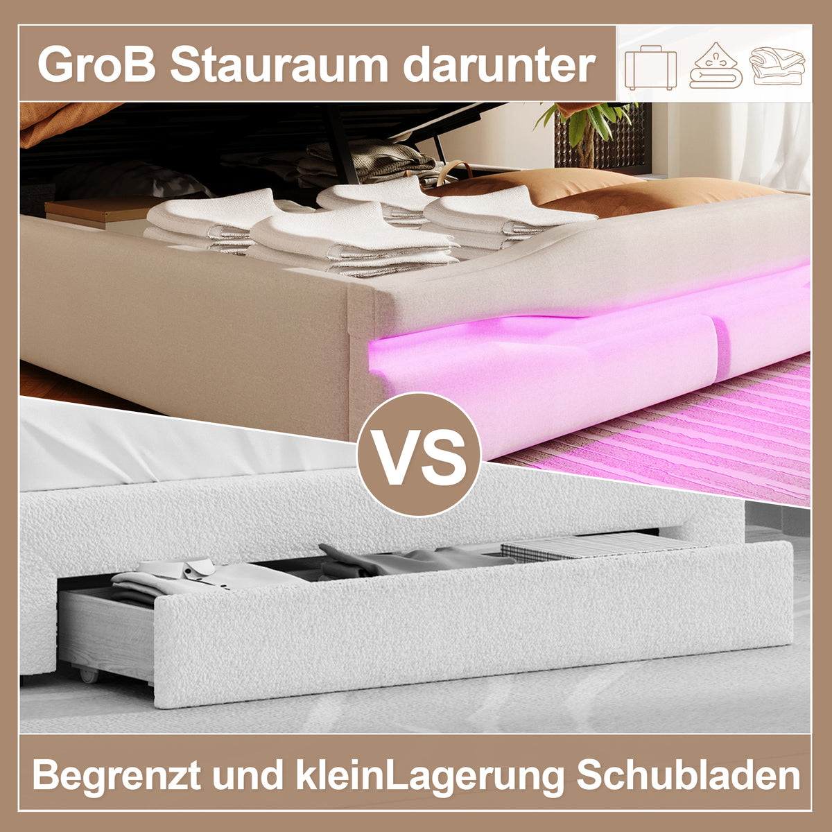 Upholstered Hydraulic Storage Bed 140x200cm LED Light, Beige