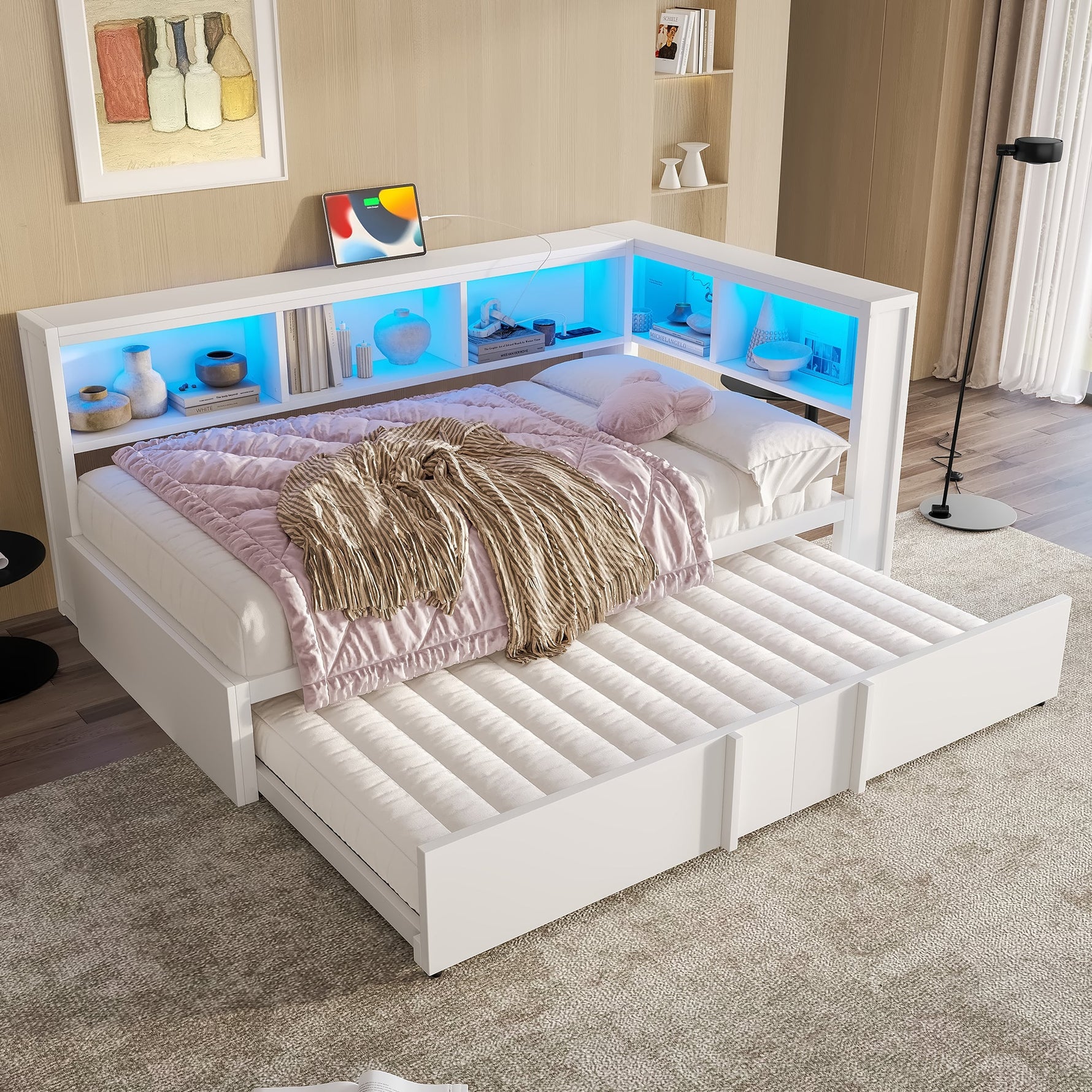 Metal Daybed 90x200cm Pull-out Bed Storage Cabinets LED USB White