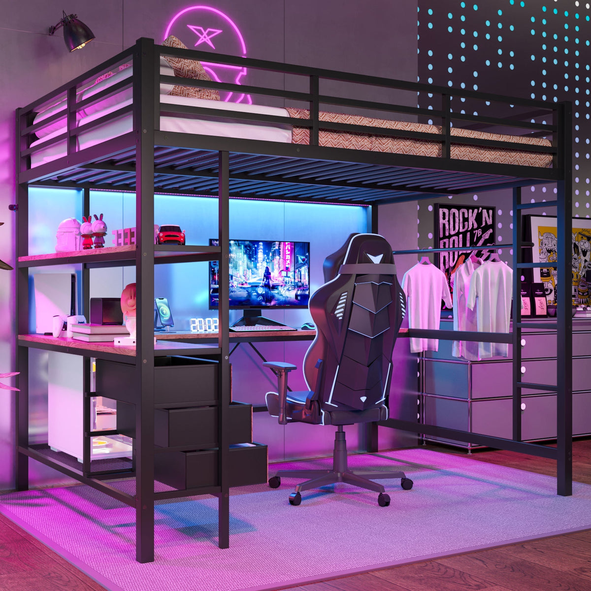 Loft Bed 140x200cm with LED Desk USB Port 3 Drawers Stairs - Black