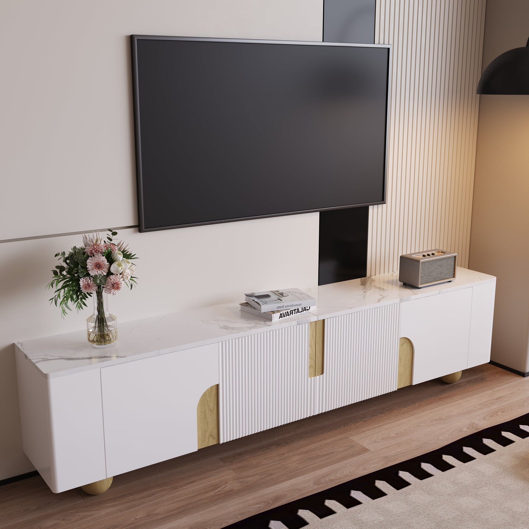 TV Cabinet 180cm 4 Doors Marble-Effect Spherical Feet, White